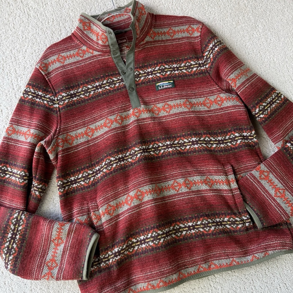 LL Bean Sweater Fleece Snap Pullover Men's M Aztec 6814Red Fair Isle Retro $99